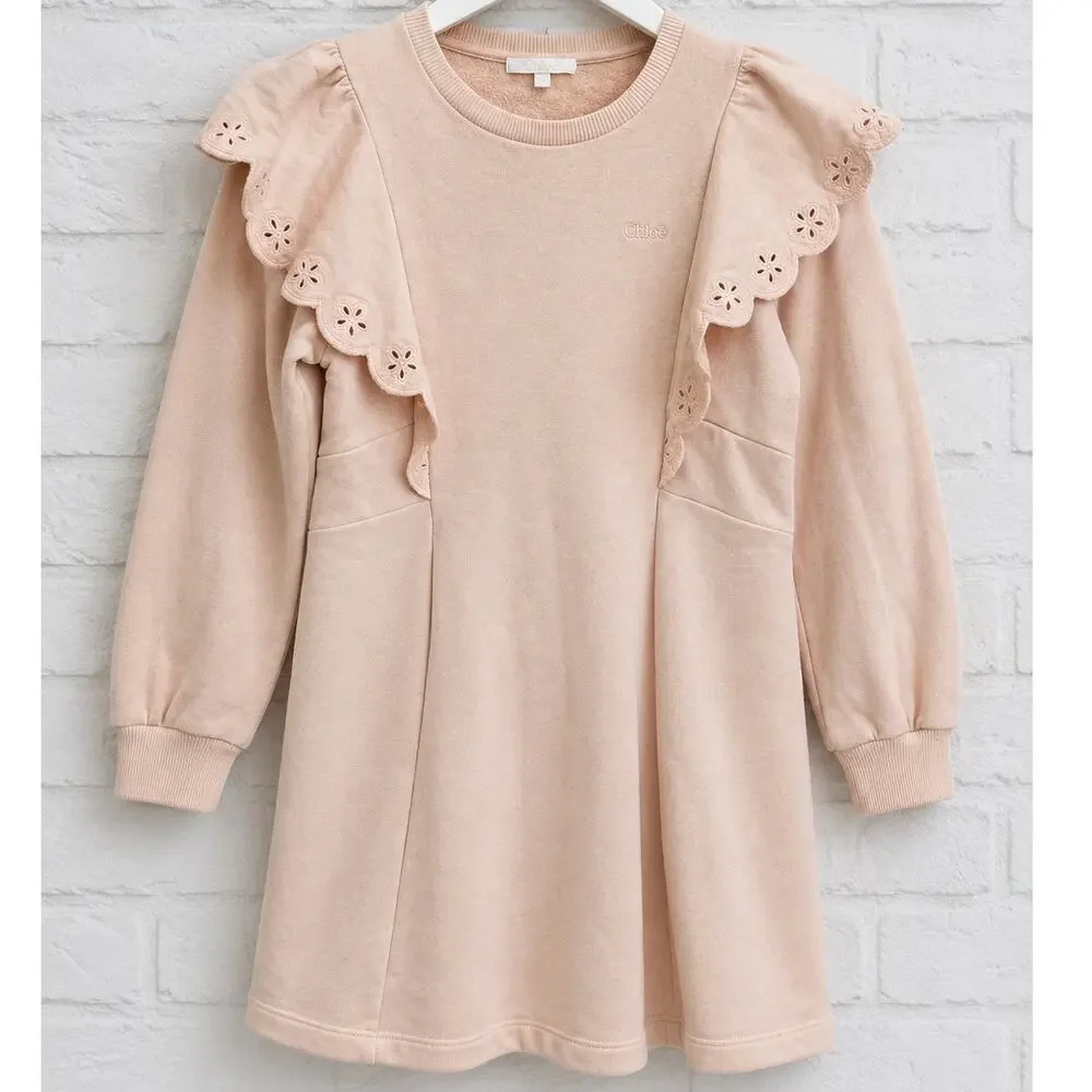 Chloe Girls Ruffle Sleeve Dress Size 12 Logo Flower Pink Cotton Scallop